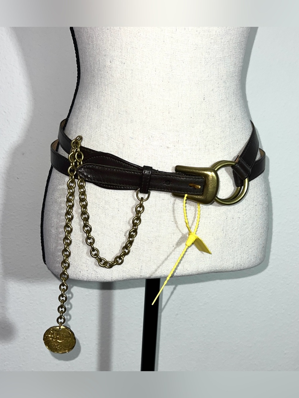 Vintage Donna Karan New York DKNY Dark Brown Leather Chain Medallion Belt Size S